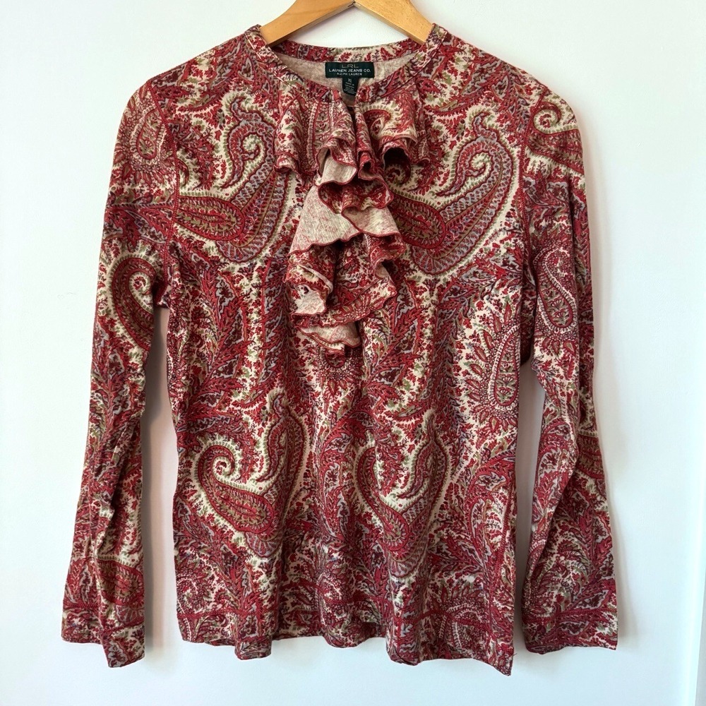 Y2K Lauren Jeans Co. Ralph Lauren Ruffle Top Sz XL Boho‎ Western Romantic Red